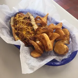 Chili &amp; Cheese Dog with seasoned Twist Fries