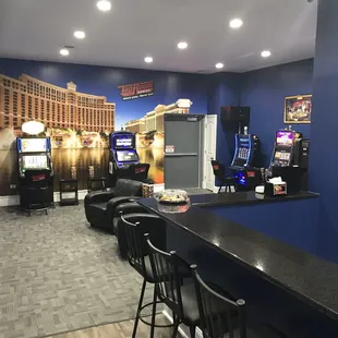 a bar and slot machines