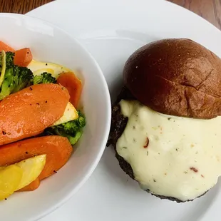 Bison burger and veggie medley.