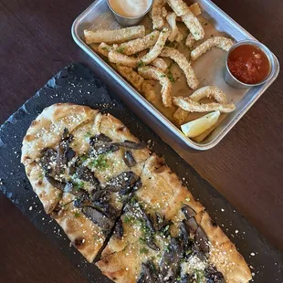 Mushroom flatbread and calamari
