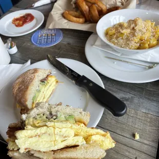 Dogz breakfast sandwich  Chicken wrap  Mach and cheese