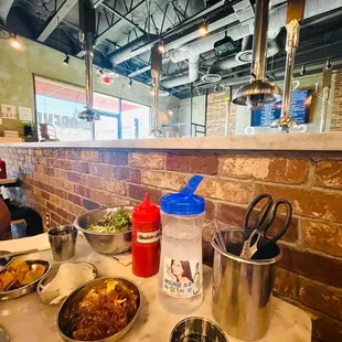 a table of food and utensils