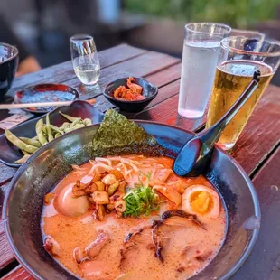 Tonkotsu ramen with garlic and extra egg, nori. Sapporo beer and sake. Edamame.