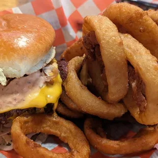 OG smashburger with onion rings