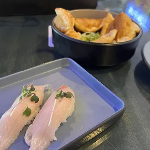 Hamachi sushi + gyoza (fried)