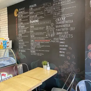 a coffee shop with a menu on the wall