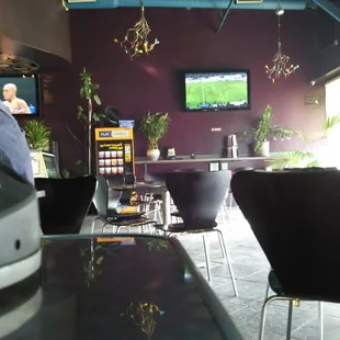 Brightly lit small interior.