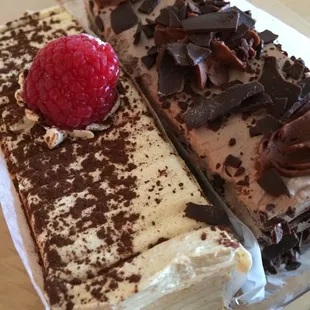 Tiramisu cake slice (wasn't a fan) and chocolate cake (yum). Mostly mousse and cream though. Not enough cake IMO.