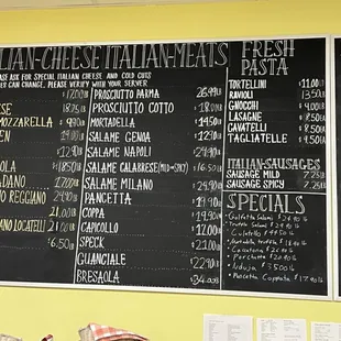 Meat, cheese, pasta menu