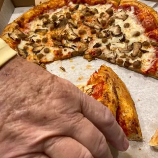 a hand holding a slice of pizza