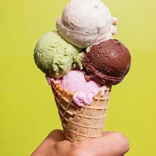 Strawberry, Pistachio, Vanilla Bean &amp; Chocolate Gelato in a Waffle Cone