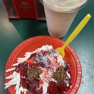 a plate of food and a drink