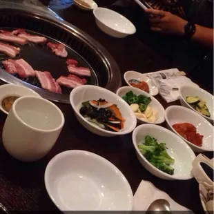 Samgyeopsal and many side dishes