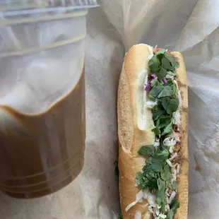 iced coffee and Pork Banh Mi