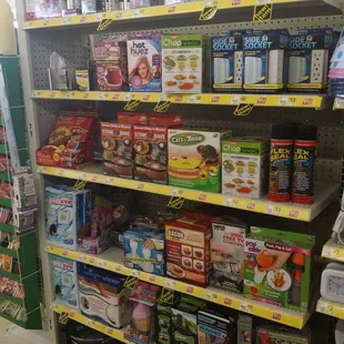 a grocery store shelf full of food items