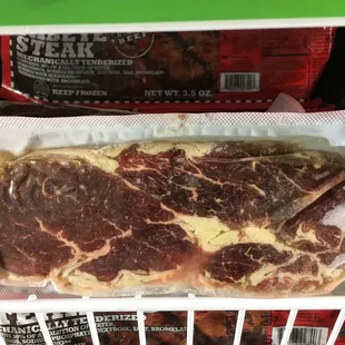 1/8" thick and mechanically separated, but it's technically a rib-eye steak for a buck.