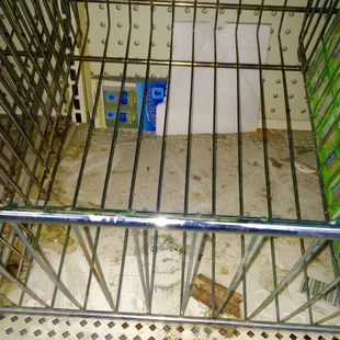 Filth under display racks on shelving.