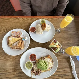 California Omelette + chorizo burrito + french toast + mimosas