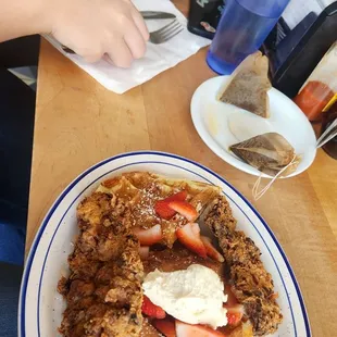 Our brunch. Chicken and waffles and more waffles with tea.