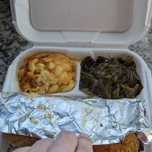 Leo Platter with "double" mac &amp; cheese and greens. Not sure how much more I got for the "double" upcharge.