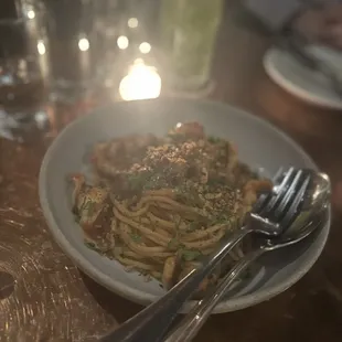 Bucatini with spicy prawns