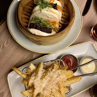 Pork Belly Baos and DV Truffle Fries