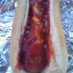 Jumbo Dog w/ ketchup, mustard, and tabasco!
