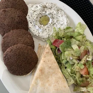 Falafel, salad, pita, tzatziki
