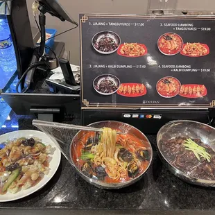 a variety of food items on a counter