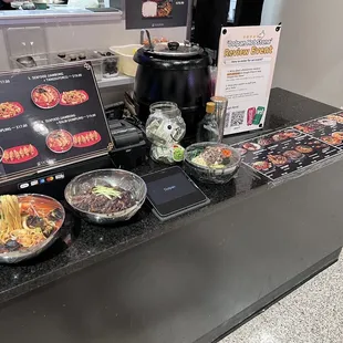 a variety of food items on a counter