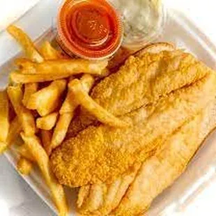 fish and fries in a styrofoam container