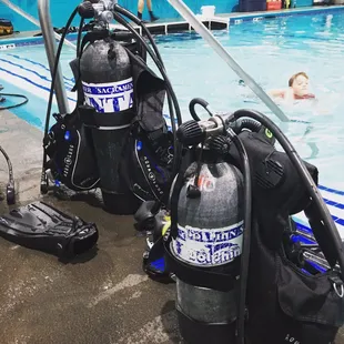 In pool training for our scuba certification. All the gear was included in our class cost.