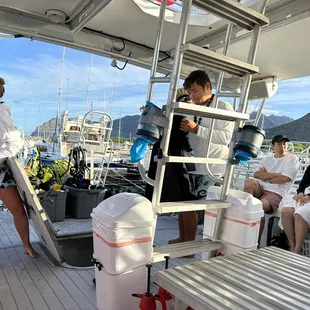 Brandon and Zoey prepping the boat for snorkeling.
