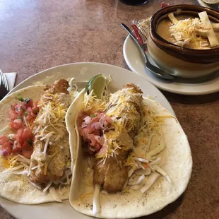 Fish tacos with creamy chicken tortilla soup