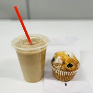 Blueberry muffin with lced latte (easy iced).