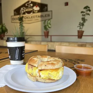 Omelette on an onion bagel, tapatio, and a small coffee, all for $8.86!