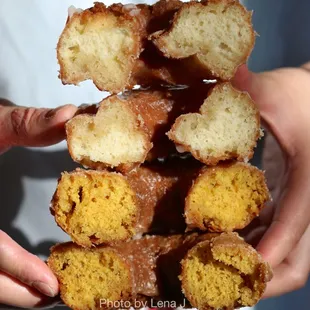 Inside of sour cream and pumpkin glazed donuts - both good!
