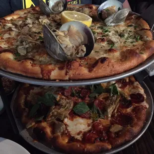 Top: clam pizza bottom:arrabbiata pizza with pepperoni and artichoke hearts