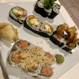 Spider roll, crunchy spicy tuna roll and ume shiso cucumber roll