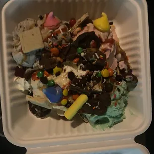 1/2 portion all in sundae missing lollipops, marshmallows, and chocolate covered strawberries