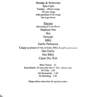 Wing menu. Wings wings wings.