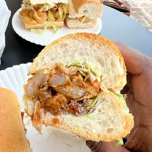 Surf and turf po' boy! (Half shrimp/half roast beef)