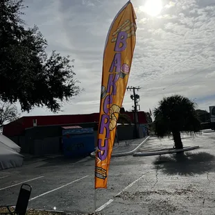 a flag in a parking lot