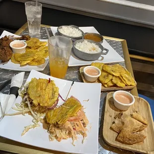 a table of food and drinks