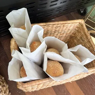 a basket of bread rolls