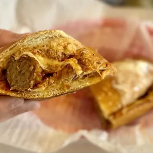Inside of meatball sub sandwich