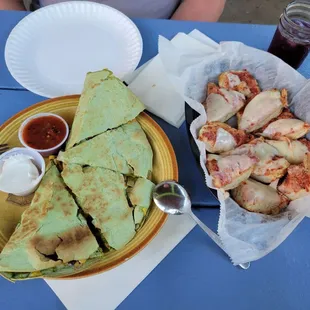 Chicken quesadilla and pizza bread