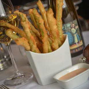 Asparagus Fries vanilla tempura - sea salt - cracked black pepper - tomato hollandaise