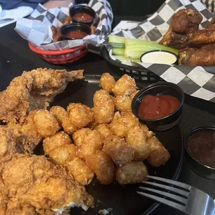 Tots, chicken fingers, wings, sweet potato fries