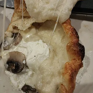 Calzone soggy inside with glob of ricotta, skimpy mozzarella, and a few uncharged mushrooms